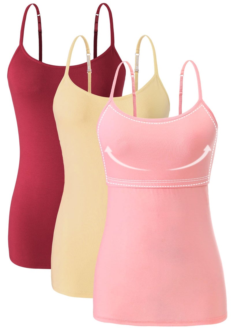 Orrpally Women Cotton Camisole Shelf Bra Cami Tank Tops Adjustable Spaghetti Strap Tank Top 3-Pack Wine Red/Apricot/Pink L - Image 1